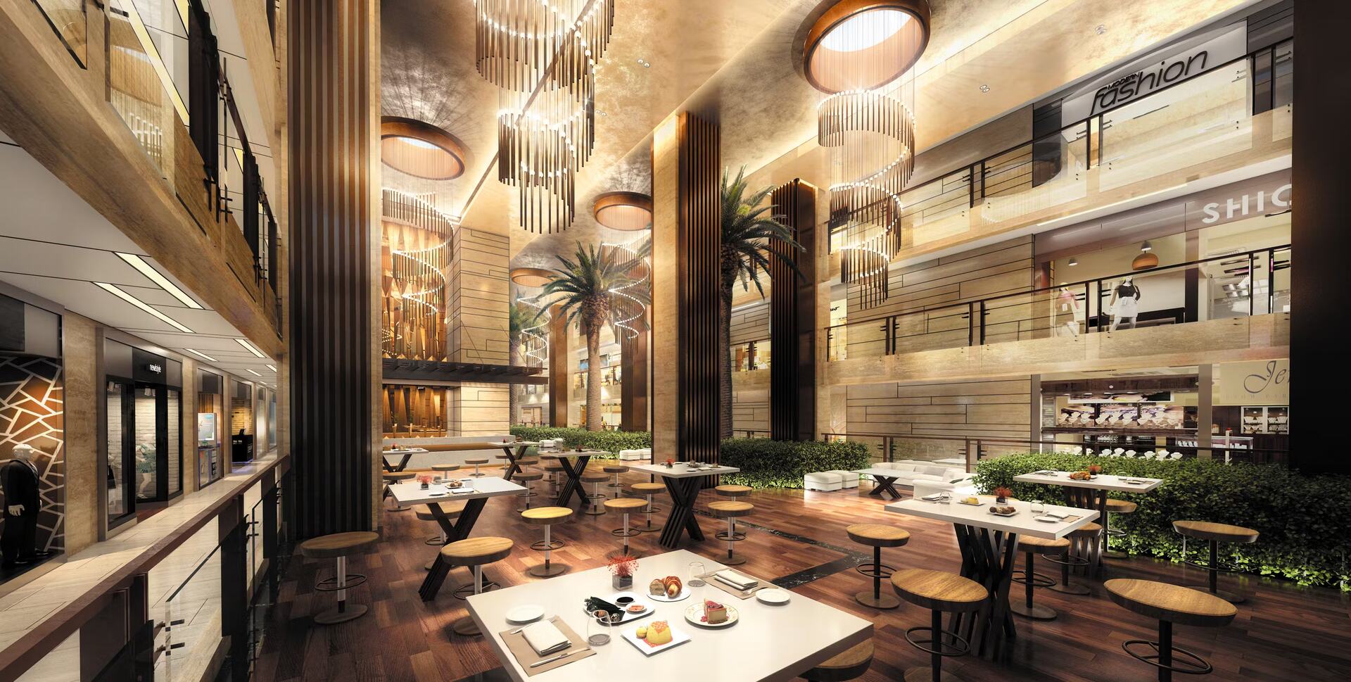Triple height atrium space with food court